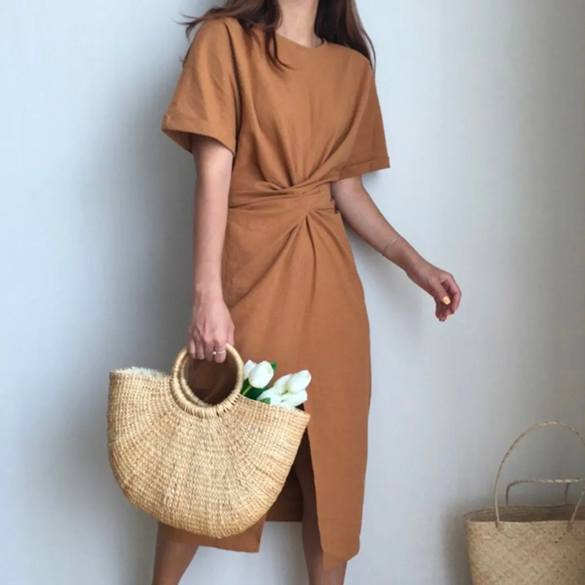 Cross Strap Split Short Sleeve Vacation Maxi Dresses