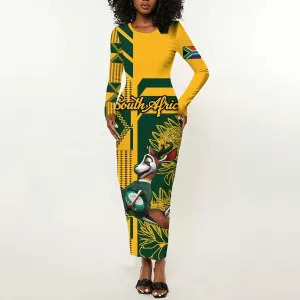 Custom South Africa Rugby Long Sleeve Bodycon Dress Springboks With Protea Cynaroides LT18