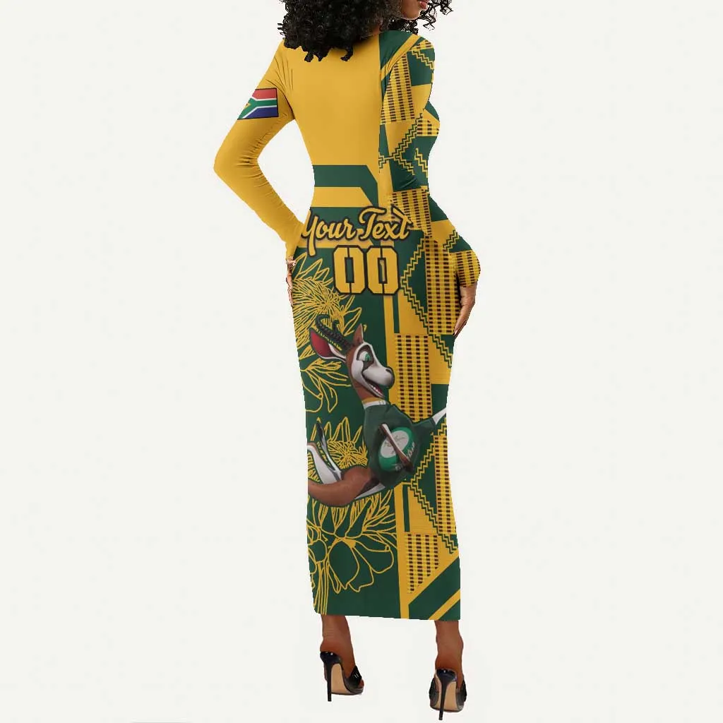 Custom South Africa Rugby Long Sleeve Bodycon Dress Springboks With Protea Cynaroides LT18