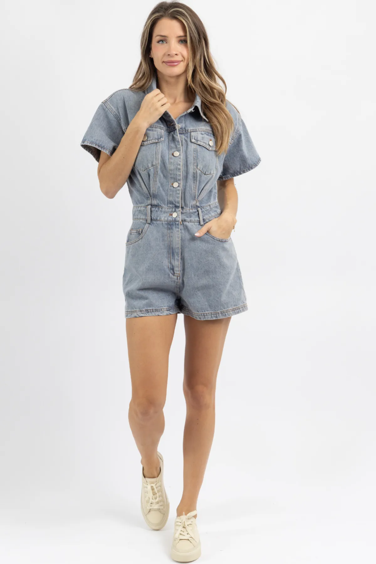 DARK WASH SHORT SLEEVE DENIM ROMPER