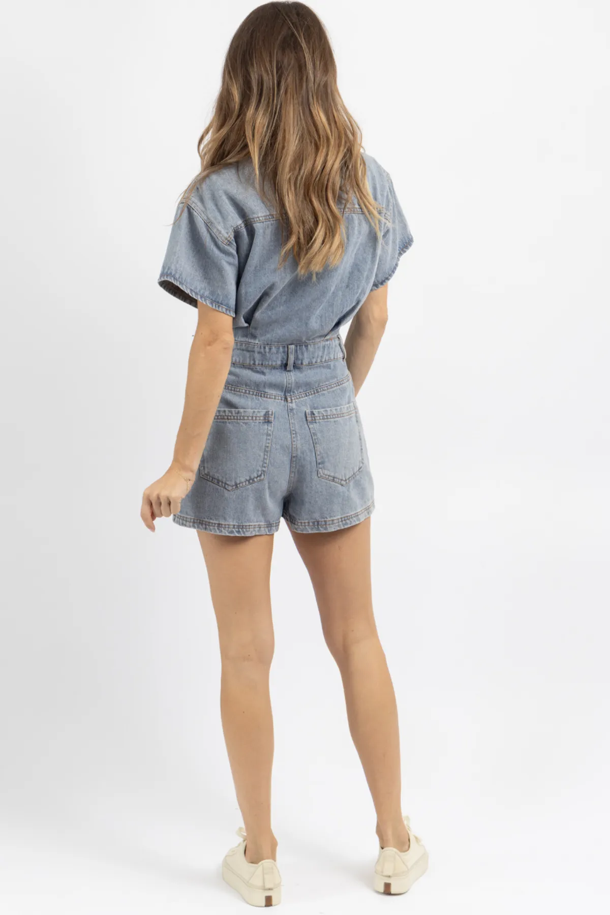 DARK WASH SHORT SLEEVE DENIM ROMPER