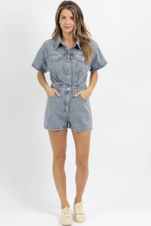 DARK WASH SHORT SLEEVE DENIM ROMPER