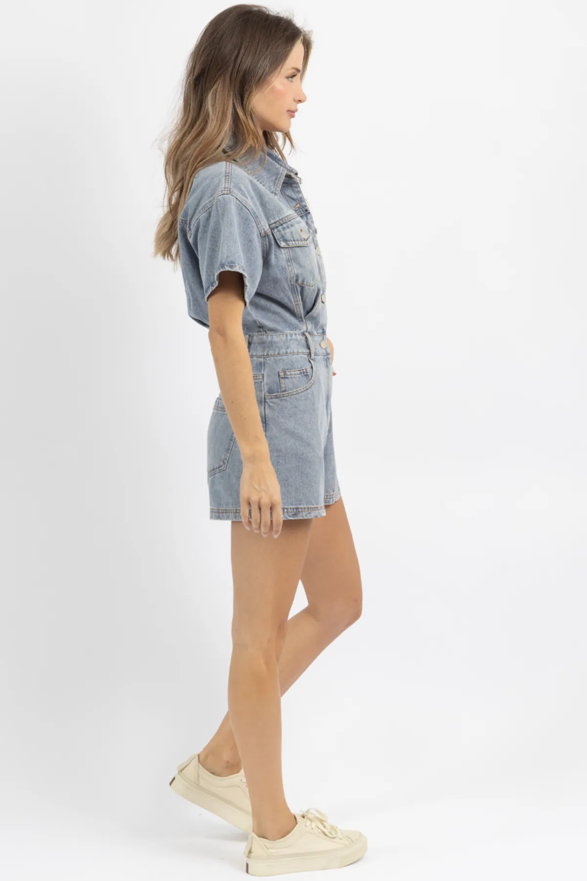 DARK WASH SHORT SLEEVE DENIM ROMPER