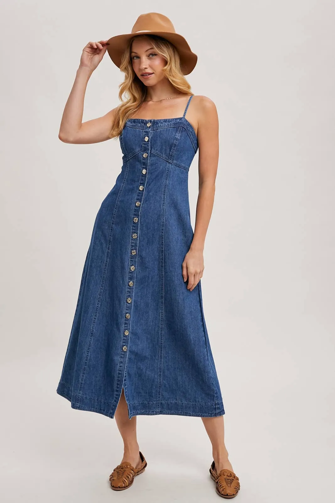 Daze Button Down Sleeveless Denim Midi Dress