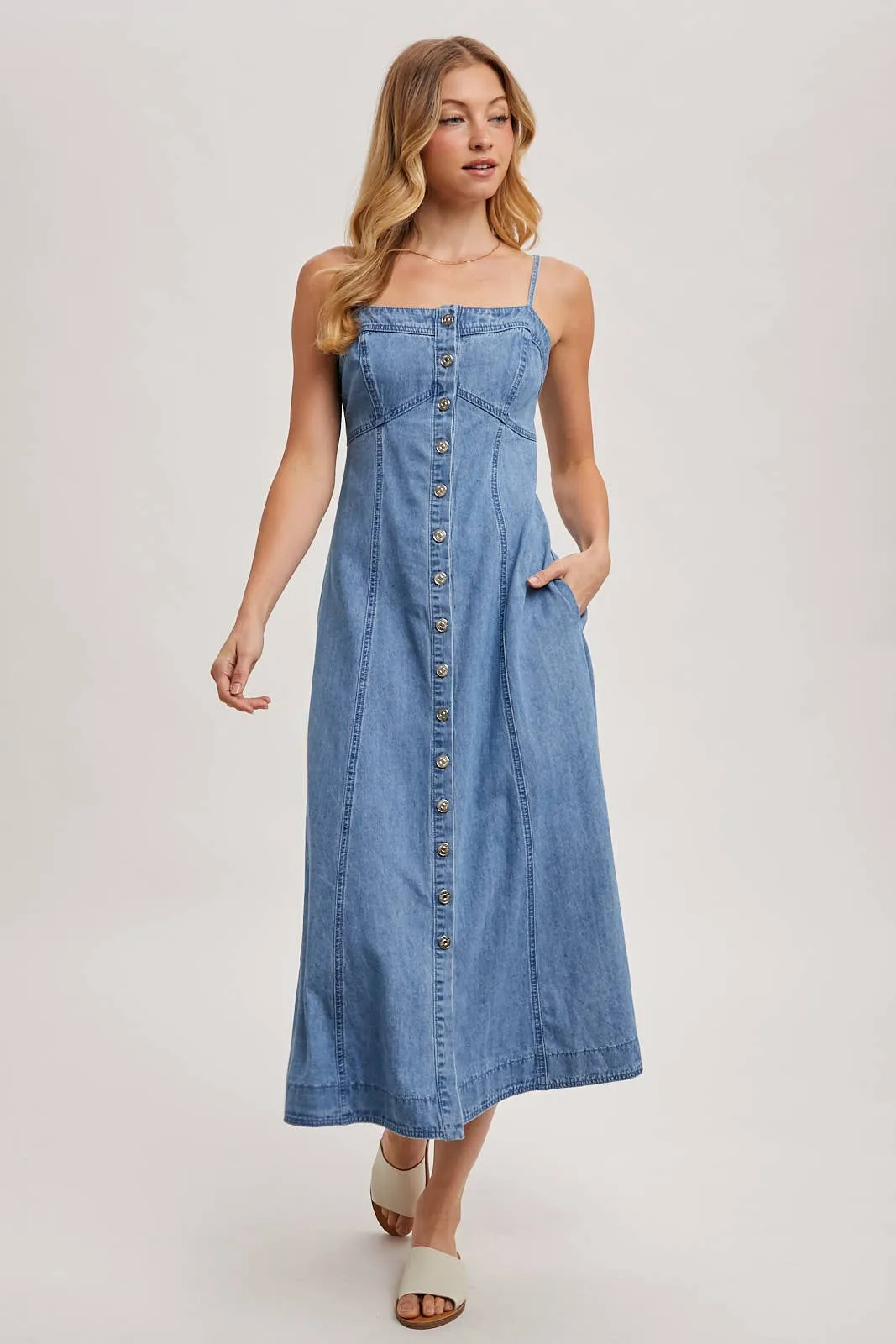 Daze Button Down Sleeveless Denim Midi Dress