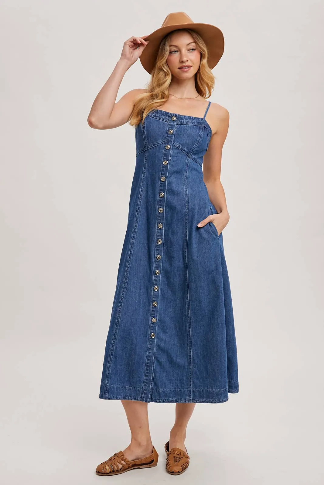 Daze Button Down Sleeveless Denim Midi Dress