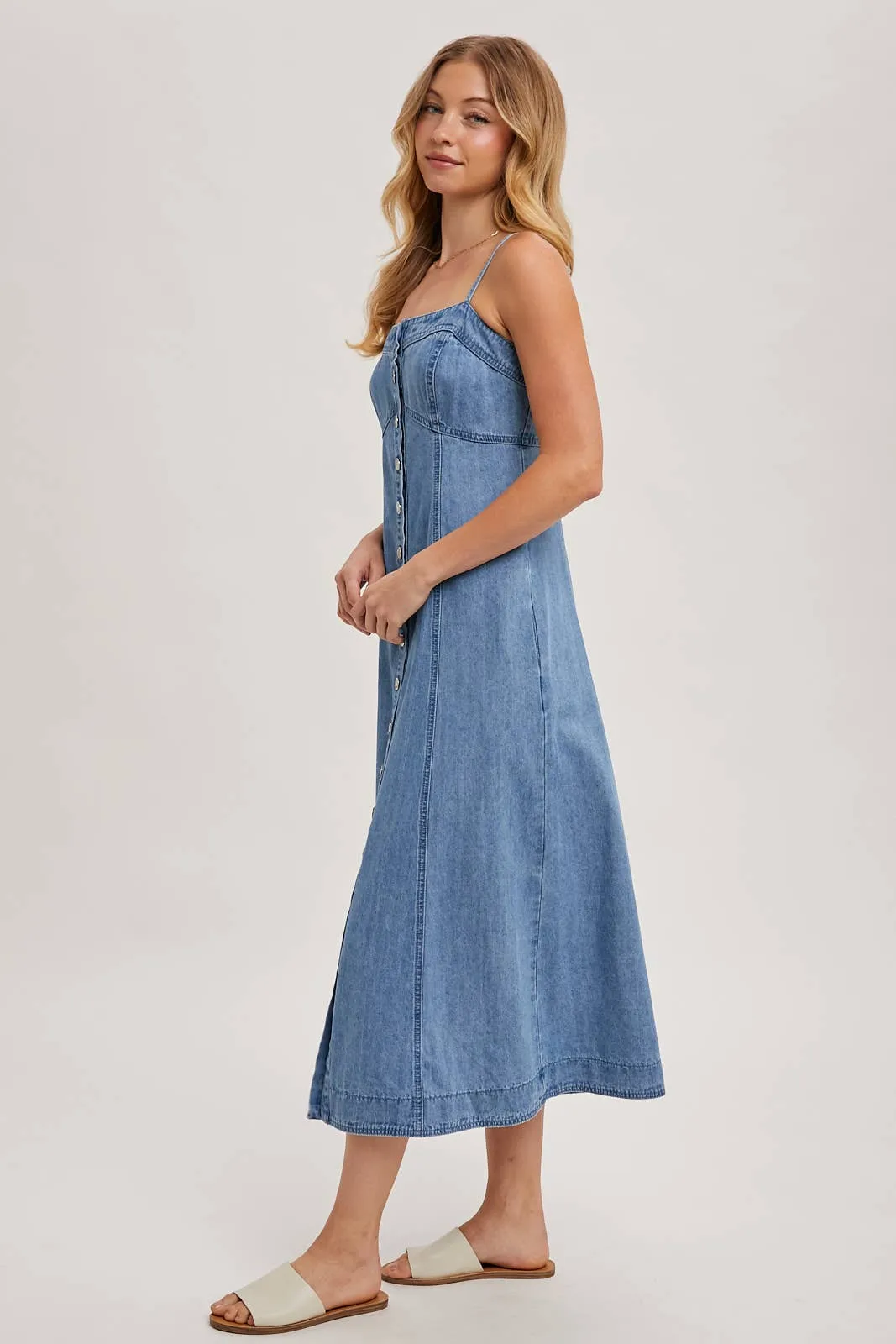 Daze Button Down Sleeveless Denim Midi Dress