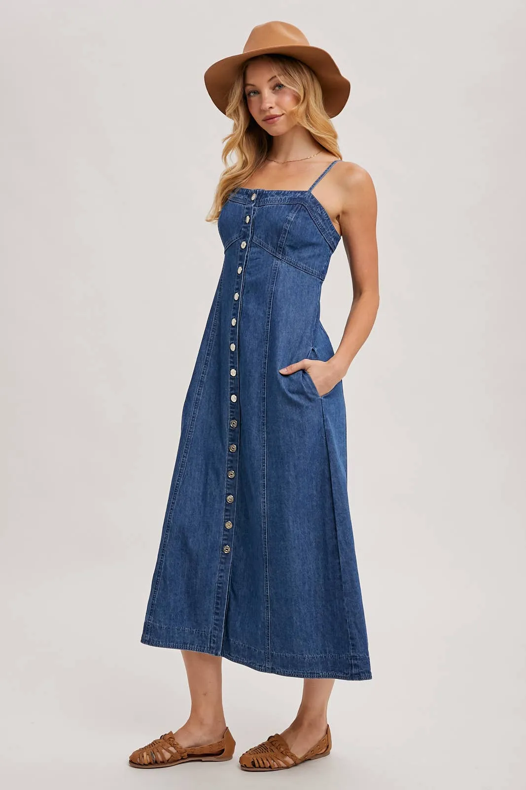 Daze Button Down Sleeveless Denim Midi Dress