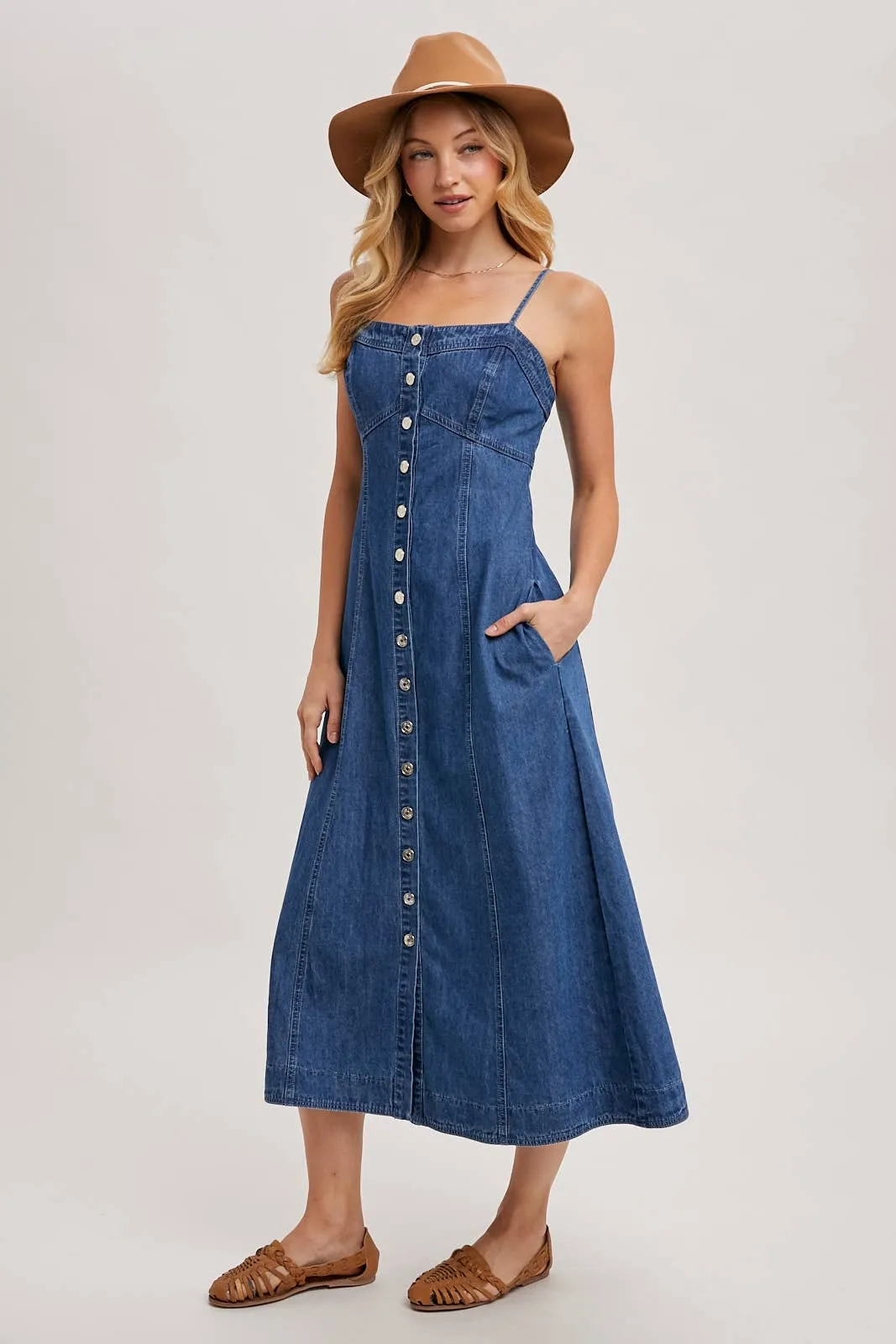 Daze Button Down Sleeveless Denim Midi Dress