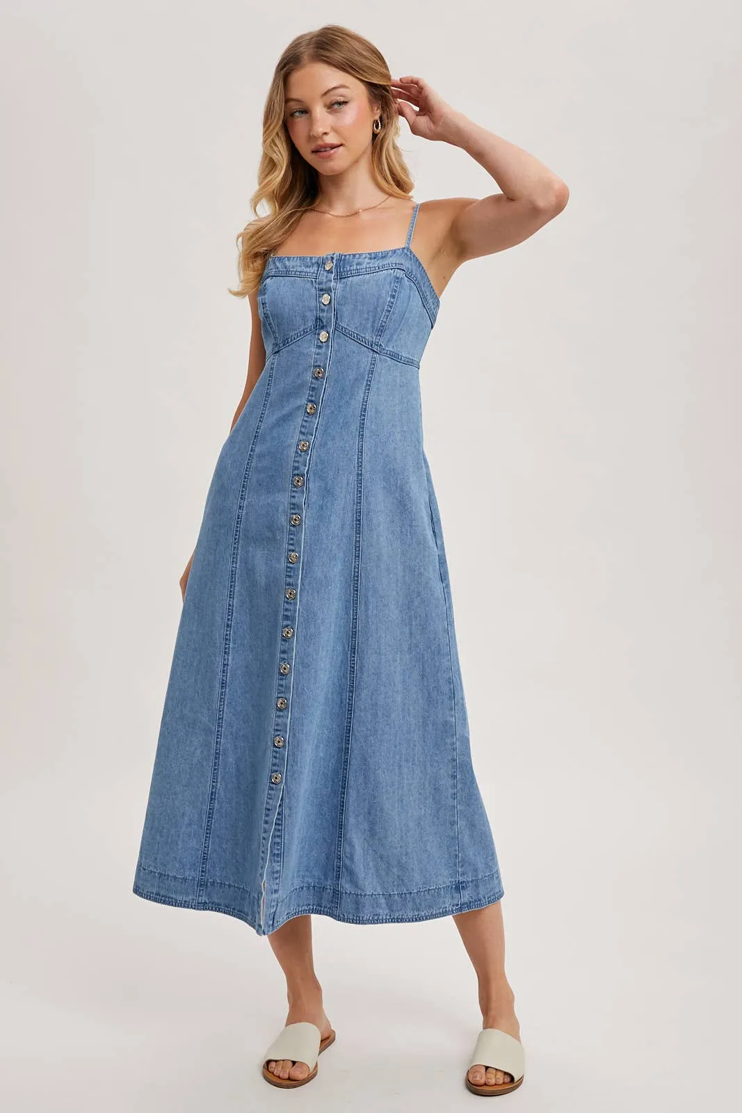 Daze Button Down Sleeveless Denim Midi Dress