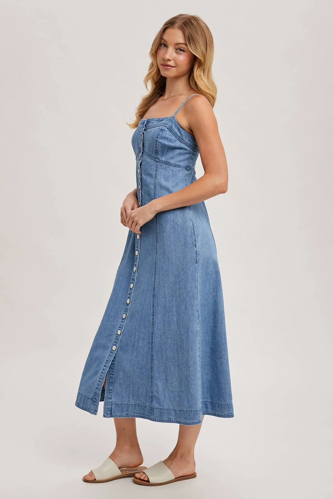 Daze Button Down Sleeveless Denim Midi Dress