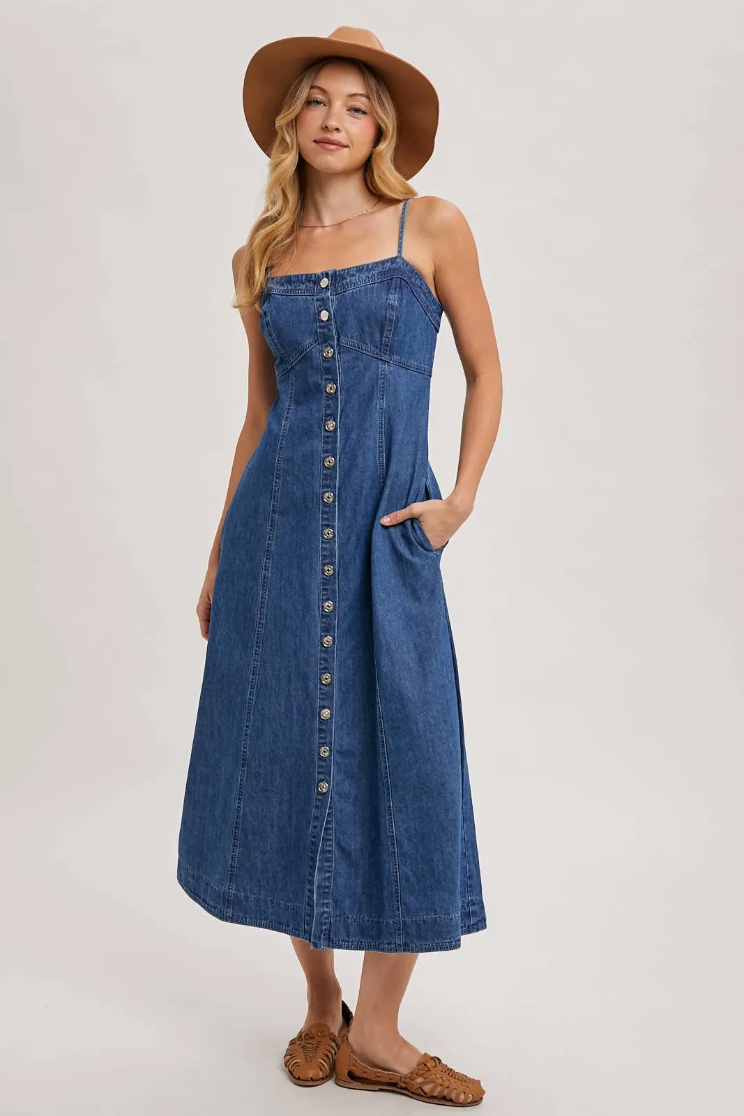 Daze Button Down Sleeveless Denim Midi Dress