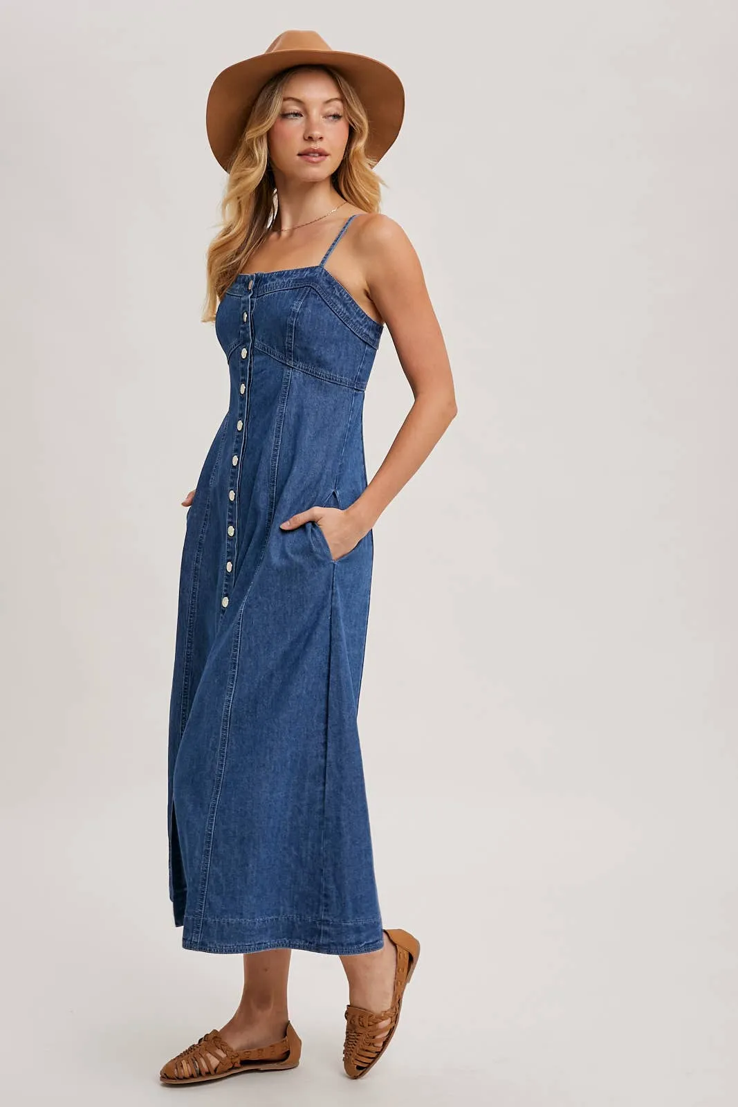 Daze Button Down Sleeveless Denim Midi Dress