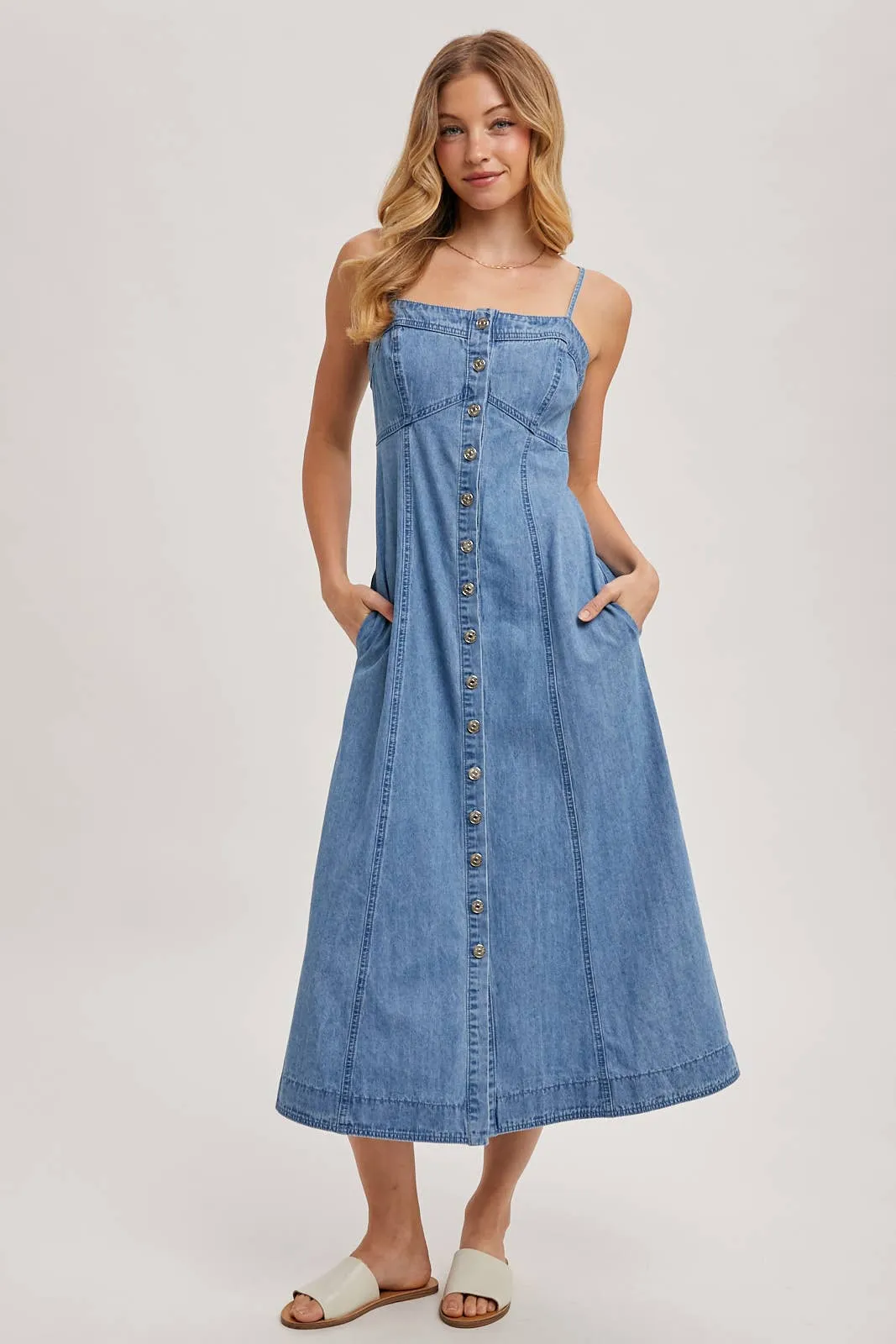 Daze Button Down Sleeveless Denim Midi Dress