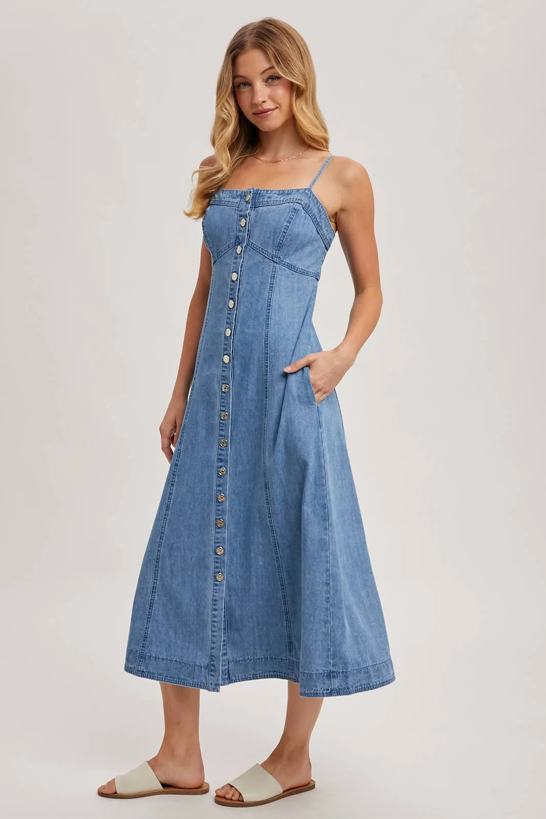 Daze Button Down Sleeveless Denim Midi Dress