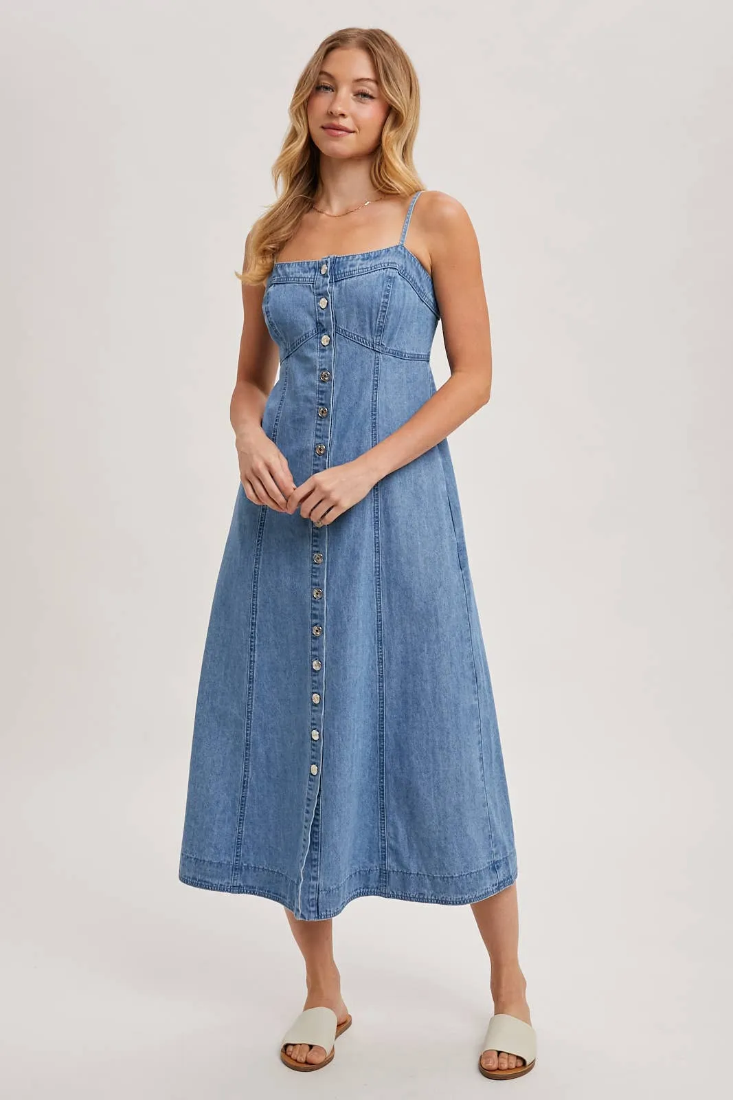 Daze Button Down Sleeveless Denim Midi Dress