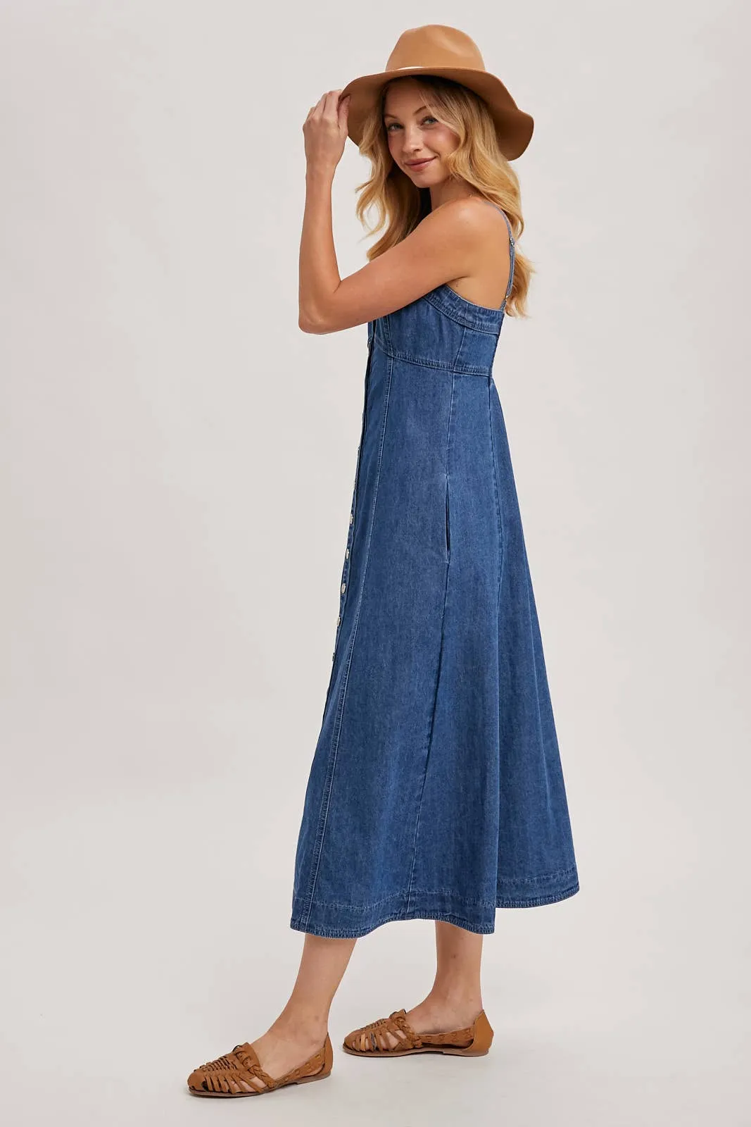 Daze Button Down Sleeveless Denim Midi Dress