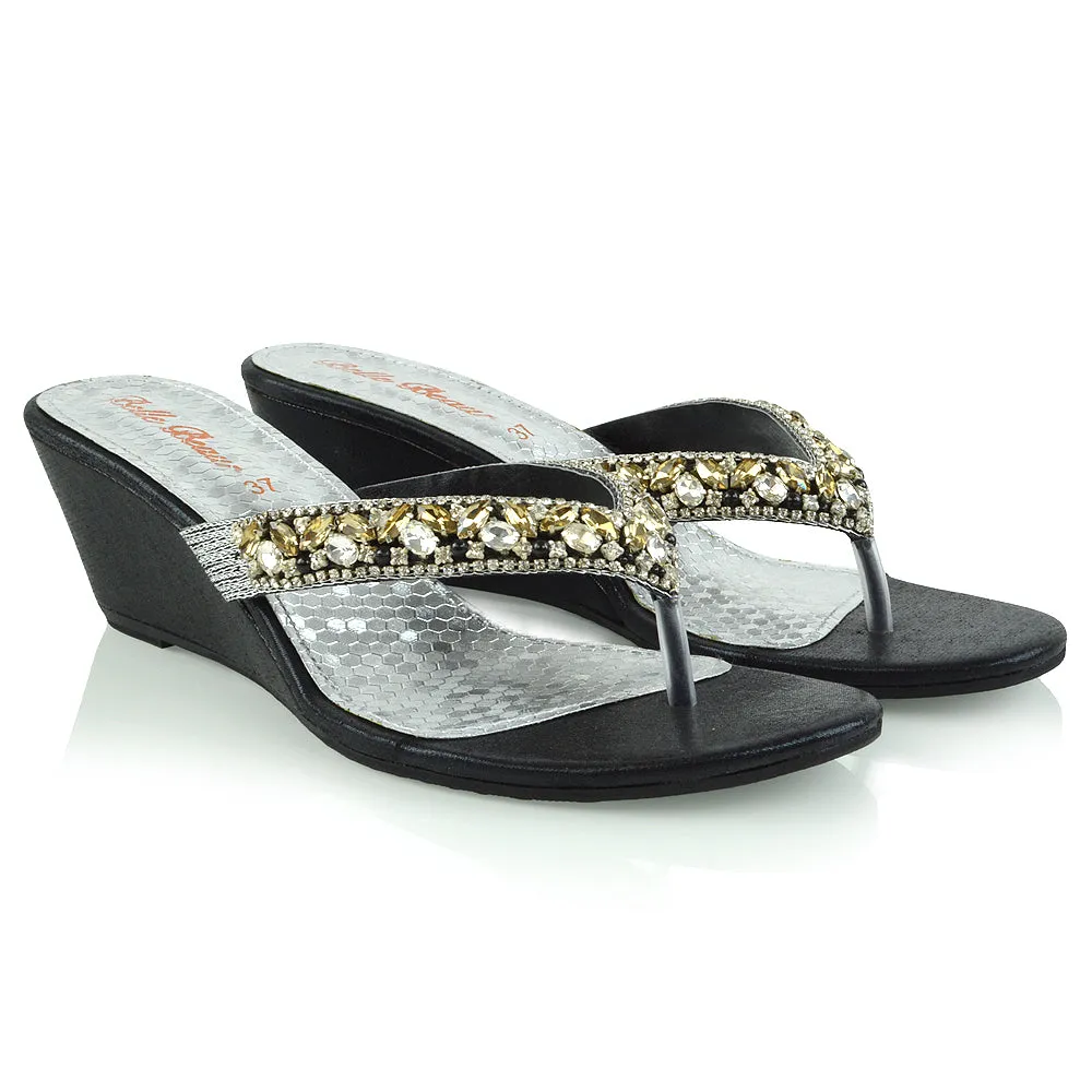 Delilah Toe Post Diamante Strappy Wedge Heel Sandal Mules In Black
