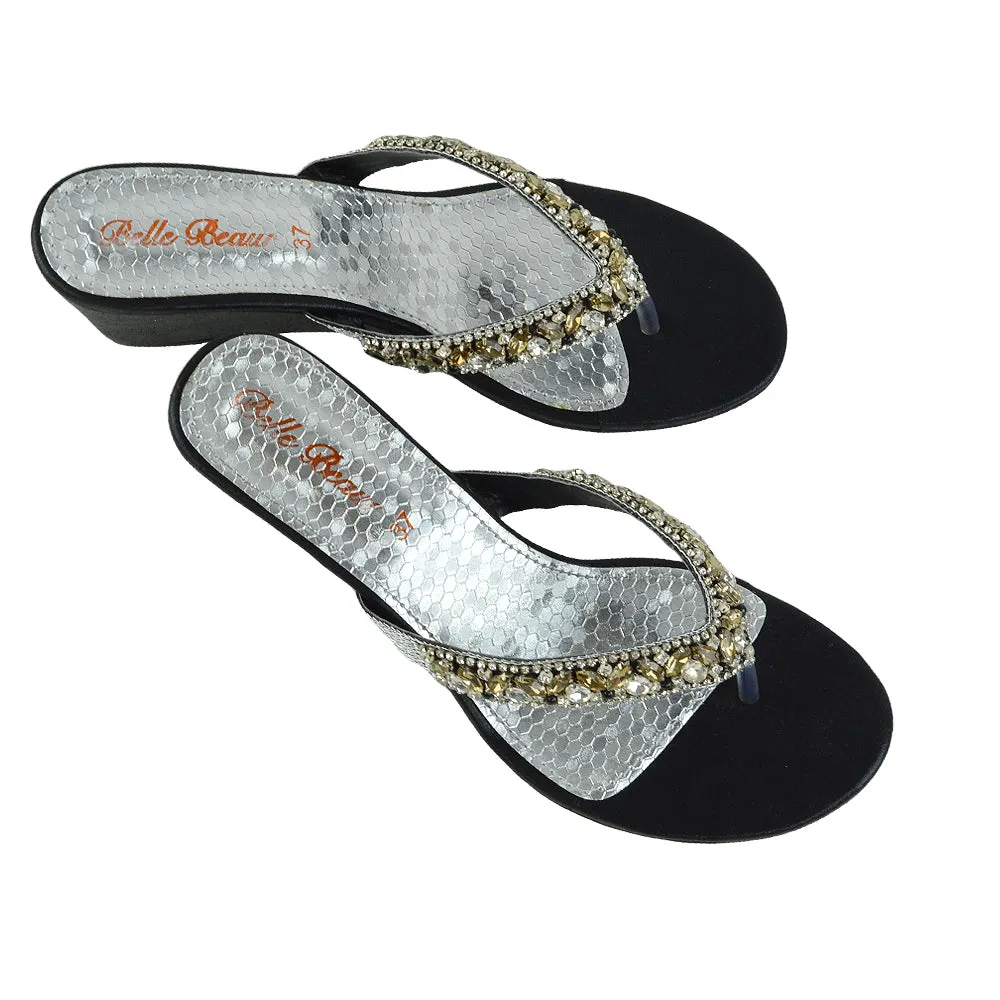 Delilah Toe Post Diamante Strappy Wedge Heel Sandal Mules In Black