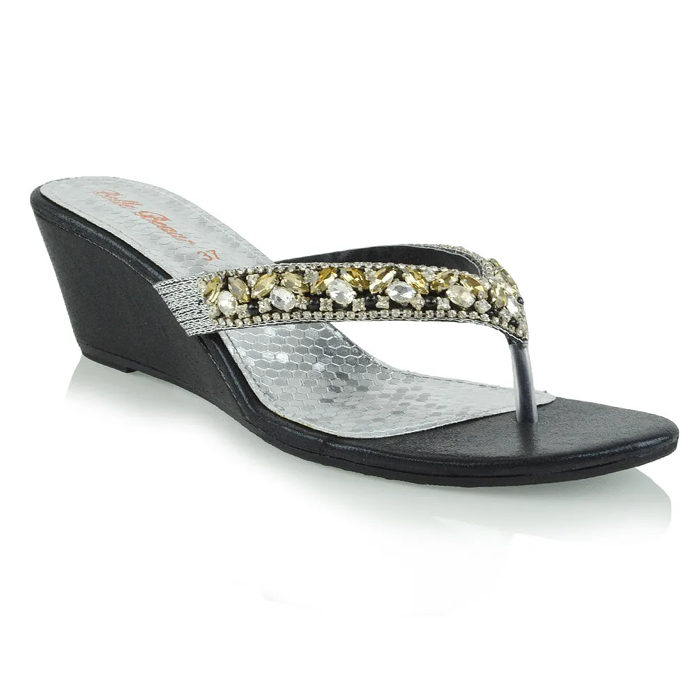 Delilah Toe Post Diamante Strappy Wedge Heel Sandal Mules In Black