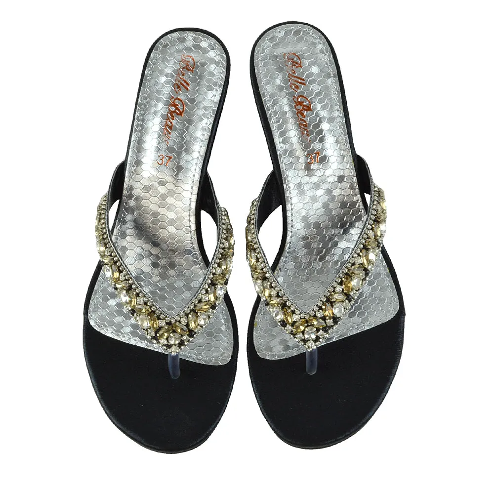 Delilah Toe Post Diamante Strappy Wedge Heel Sandal Mules In Black