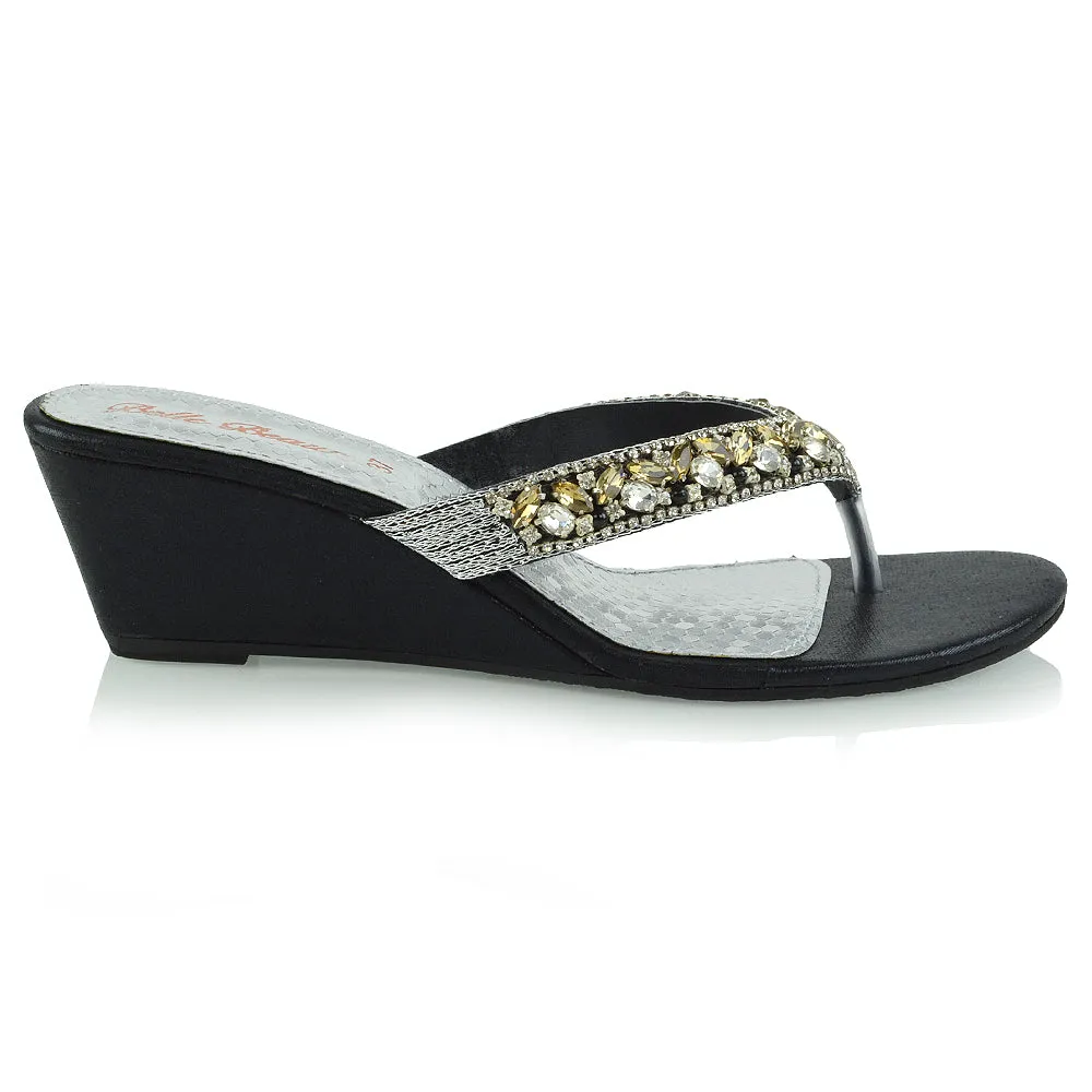 Delilah Toe Post Diamante Strappy Wedge Heel Sandal Mules In Black