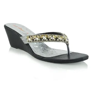 Delilah Toe Post Diamante Strappy Wedge Heel Sandal Mules In Black