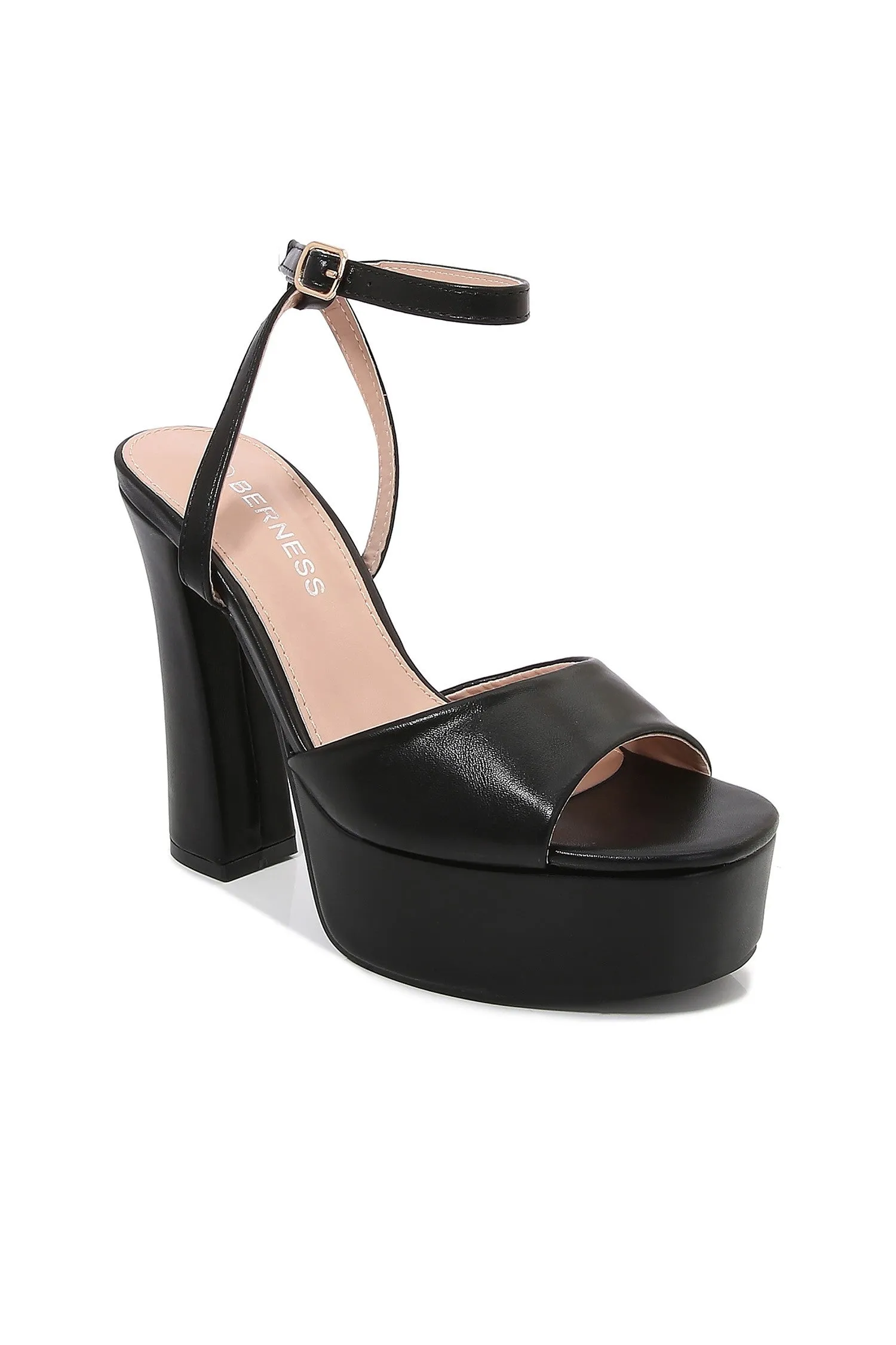 DELLA Black Faux Leather Platform Heel - Ankle Strap with Adjustable Buckle