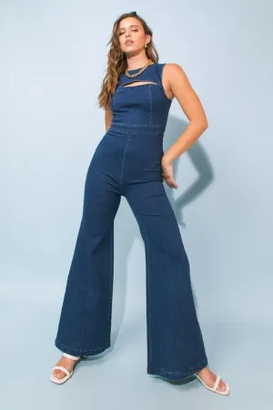 Denim jumpsuit featuring with front cut out detail, flare bottom