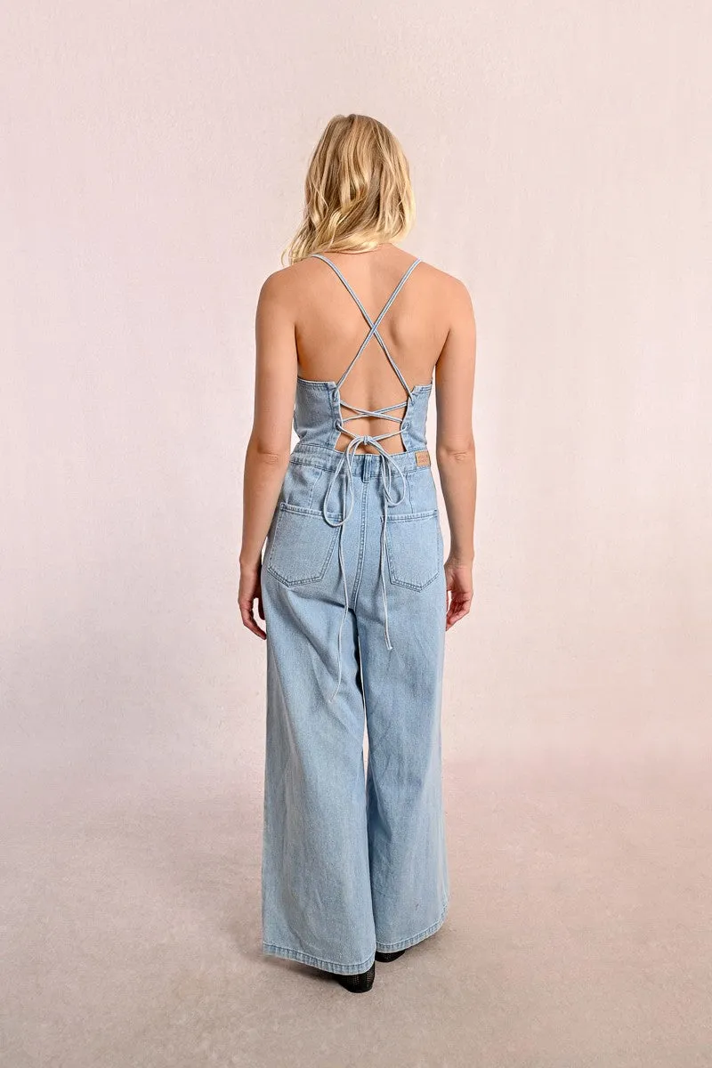 DENIM JUMPSUIT WITH THIN STRAPS
