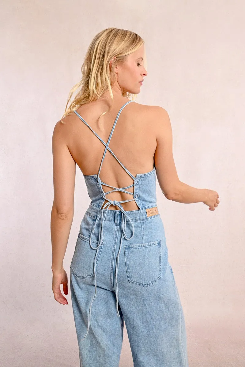 DENIM JUMPSUIT WITH THIN STRAPS