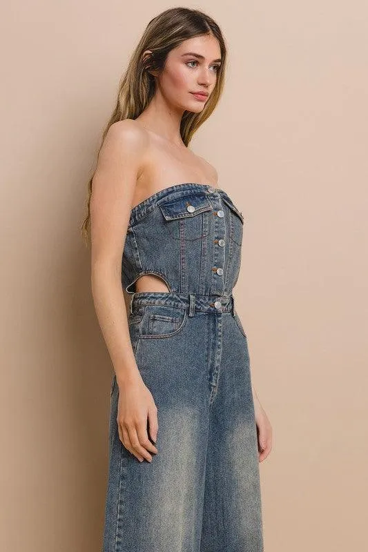 DENIM TUBE CUT OUT FULL LENGTH JUMPSUIT