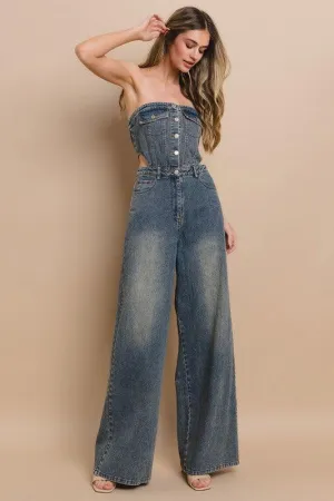 DENIM TUBE CUT OUT FULL LENGTH JUMPSUIT