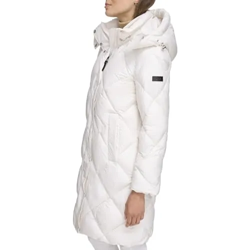 DKNY Women's Diamond Quilt Long Puffer, Pearl