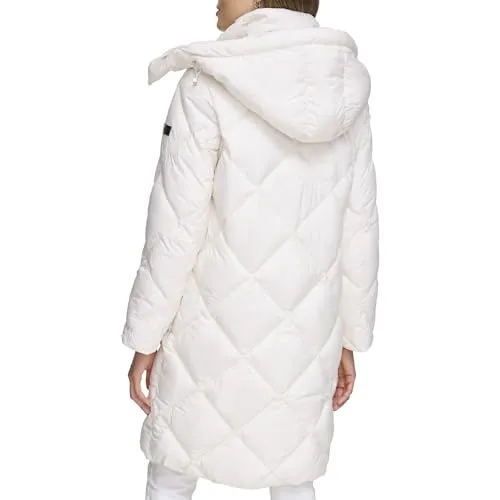 DKNY Women's Diamond Quilt Long Puffer, Pearl