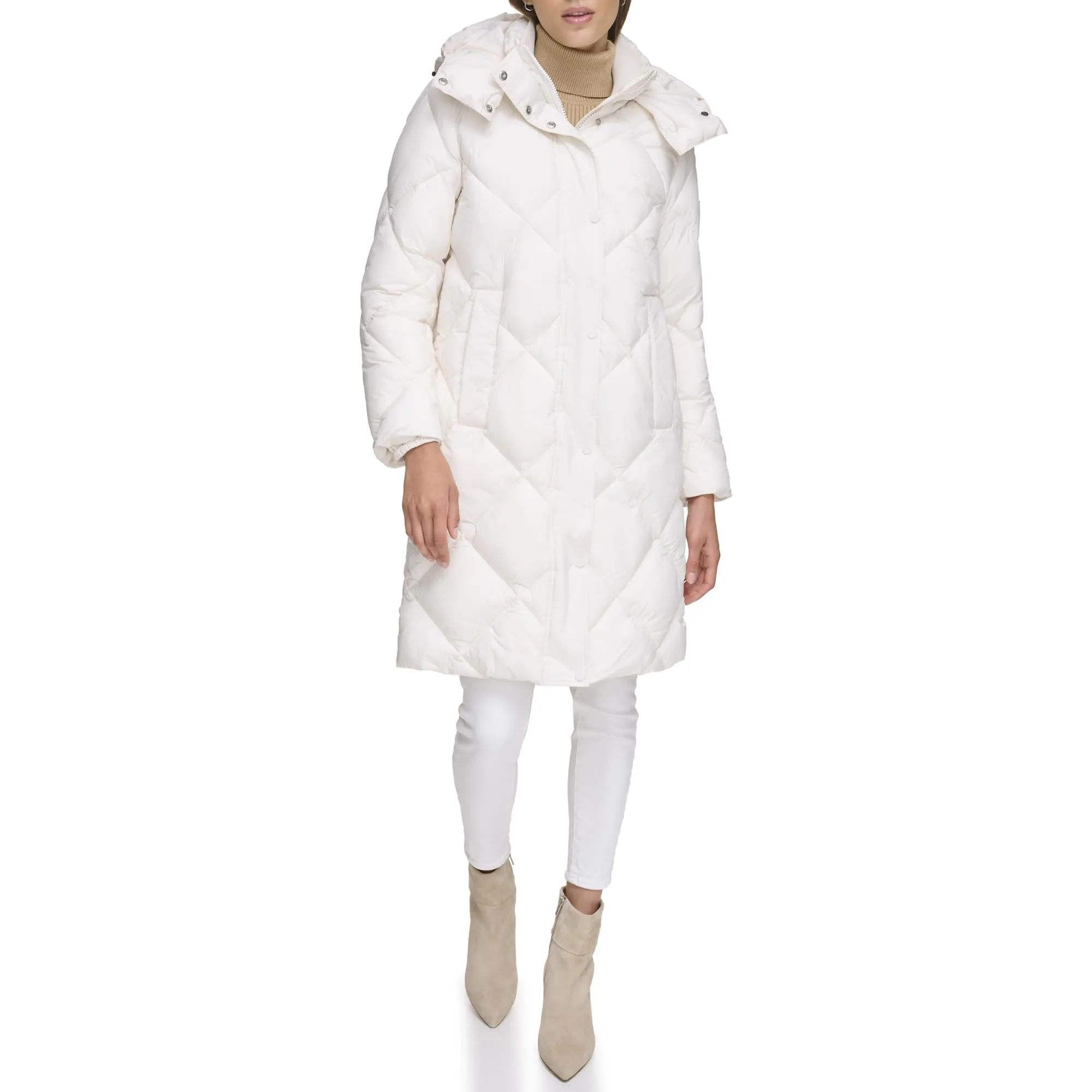 DKNY Women's Diamond Quilt Long Puffer, Pearl