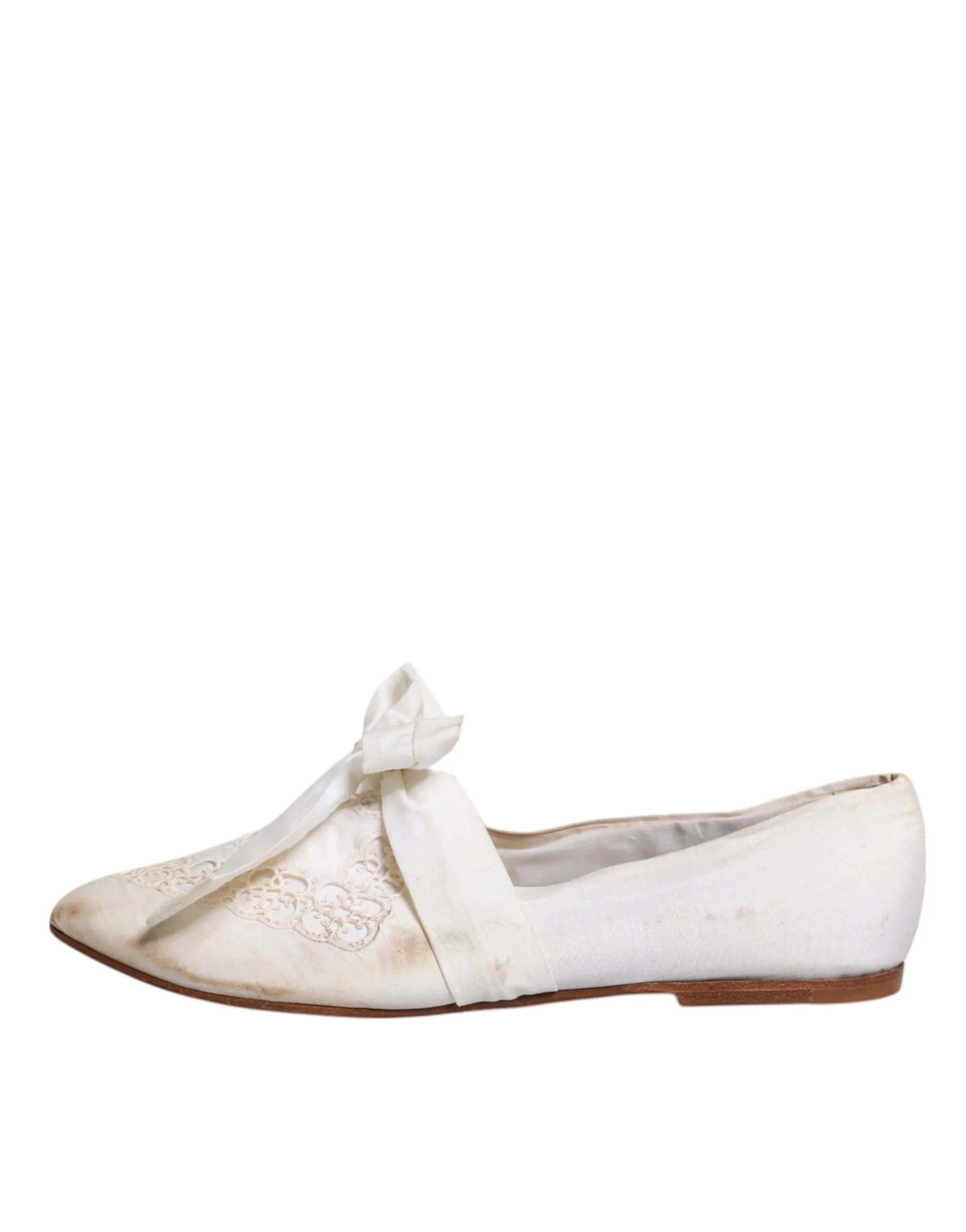 Dolce&Gabbana Women White Ballet Flats Fabric Floral Lace Ribbon Loafers EUR 40