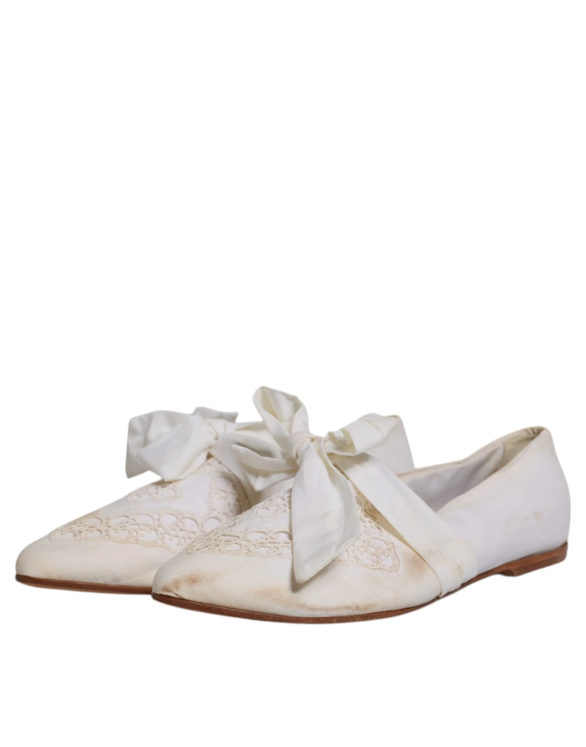 Dolce&Gabbana Women White Ballet Flats Fabric Floral Lace Ribbon Loafers EUR 40