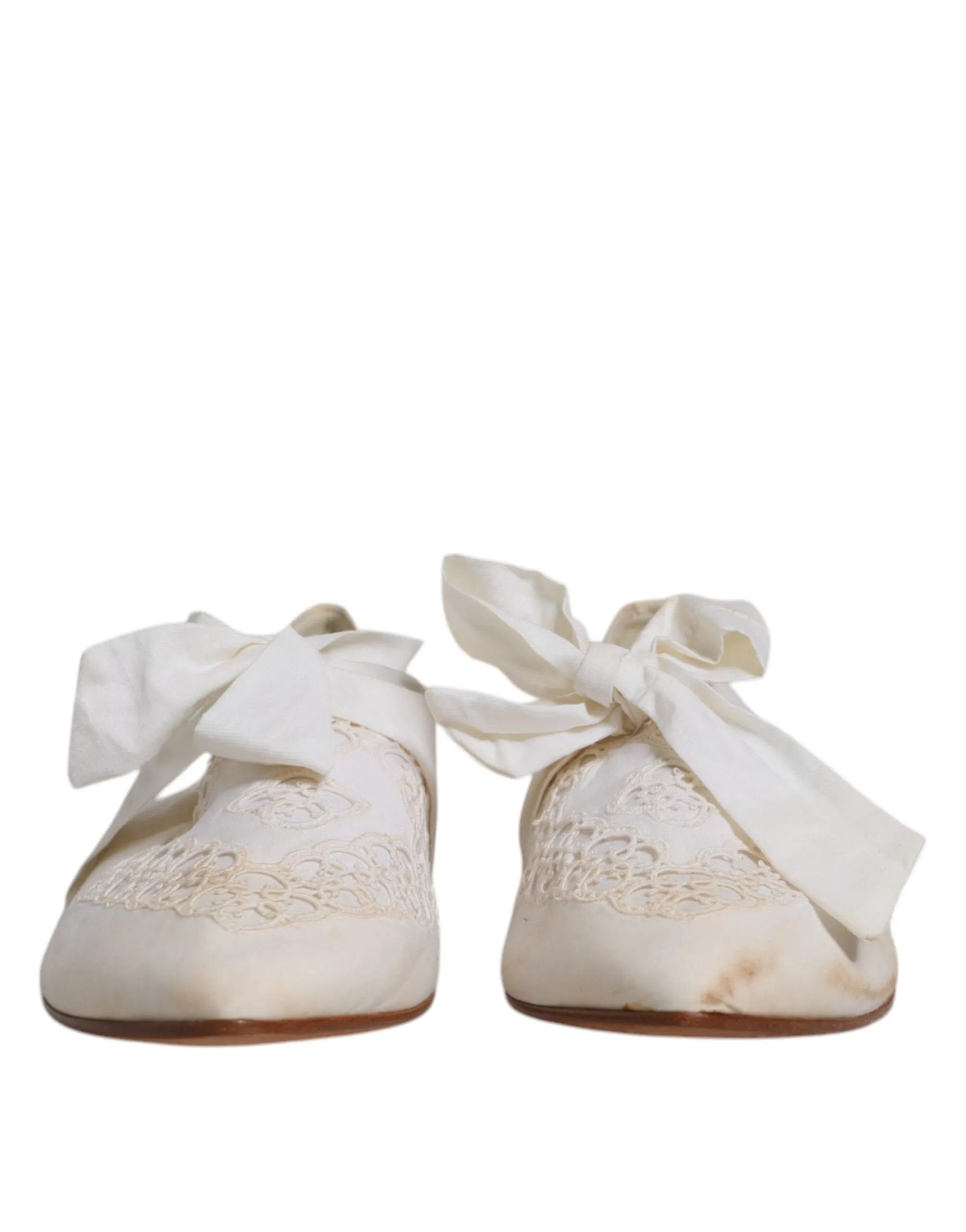 Dolce&Gabbana Women White Ballet Flats Fabric Floral Lace Ribbon Loafers EUR 40