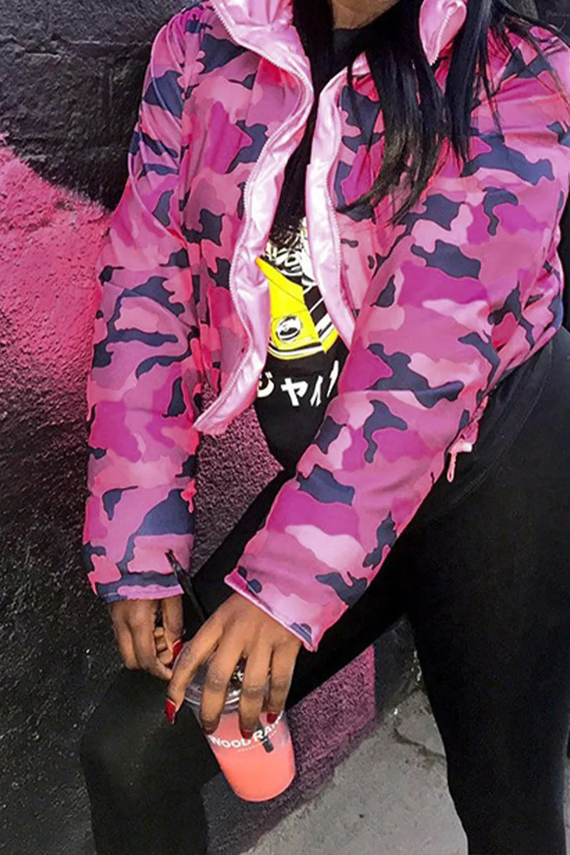 DS3289 Camo Crop Puffer Jacket Outerwear