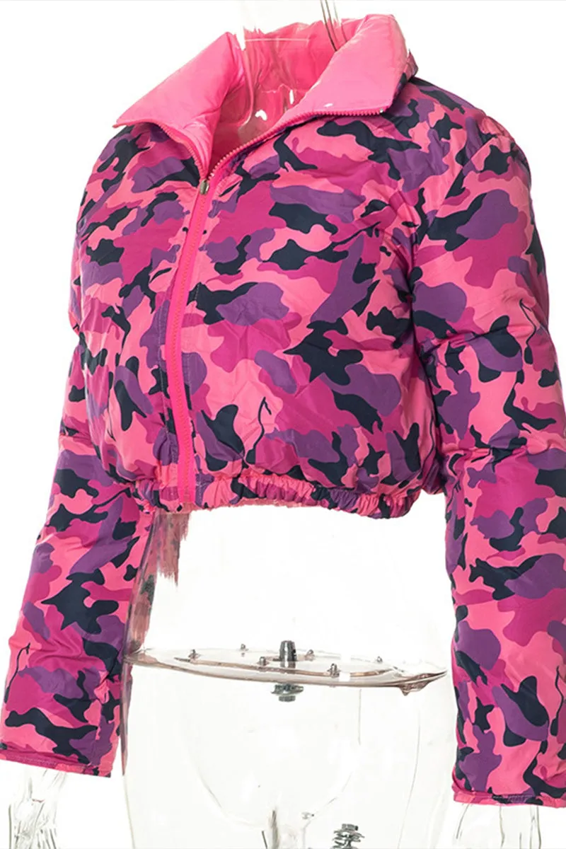 DS3289 Camo Crop Puffer Jacket Outerwear