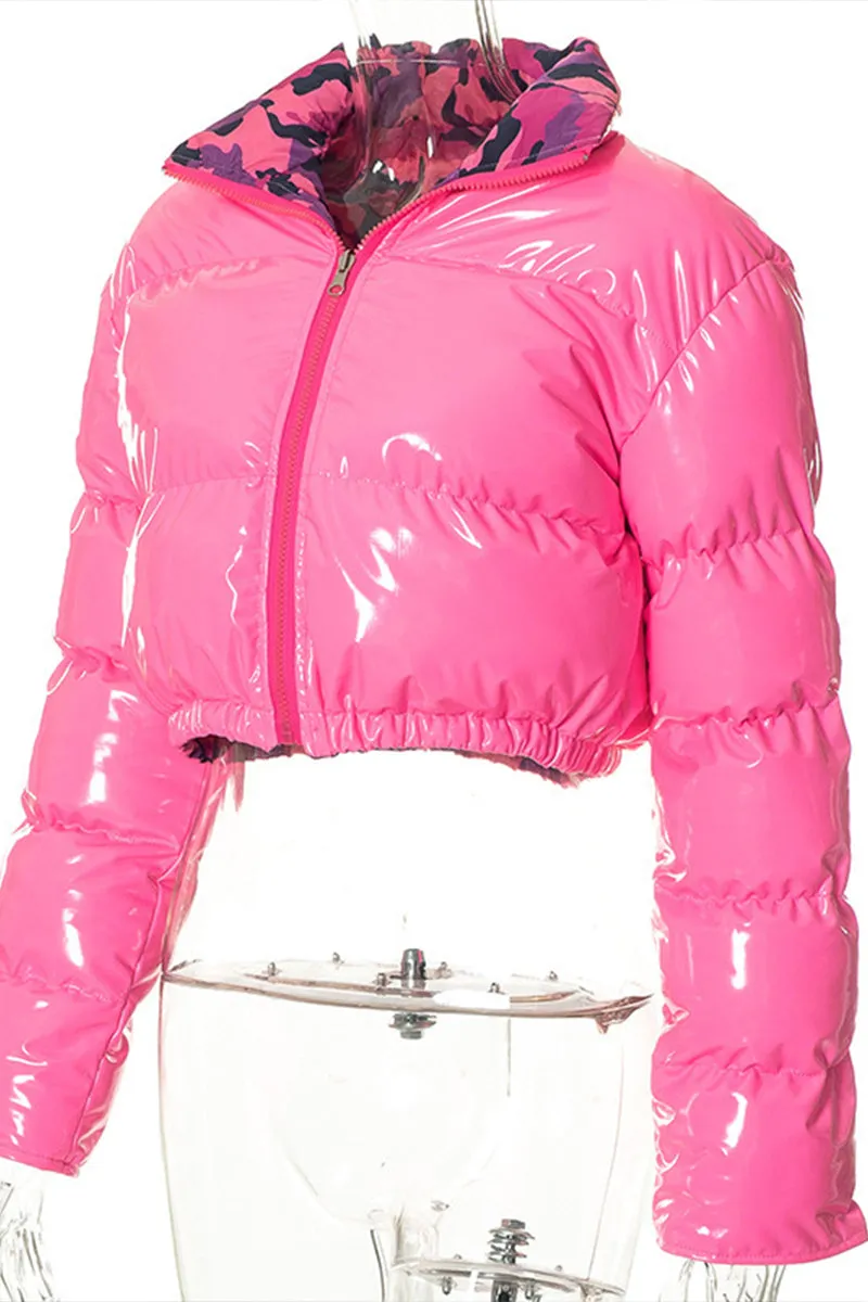 DS3289 Camo Crop Puffer Jacket Outerwear