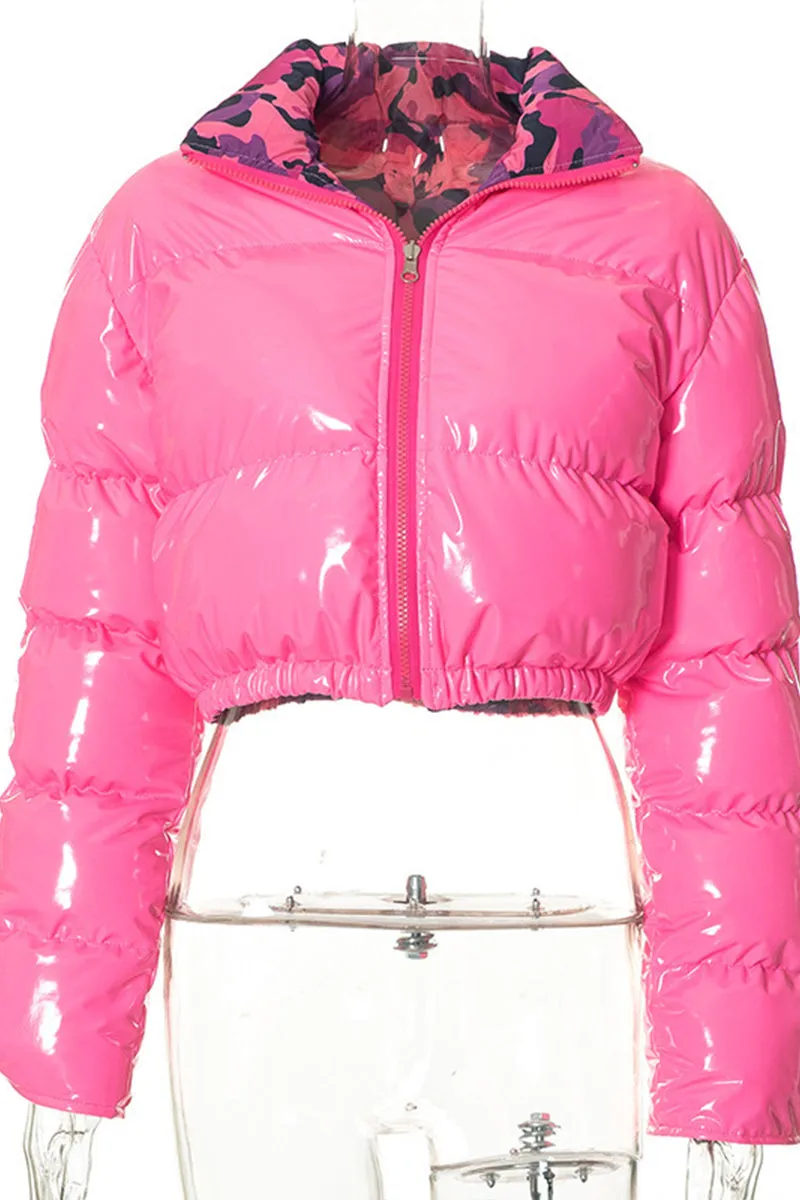 DS3289 Camo Crop Puffer Jacket Outerwear
