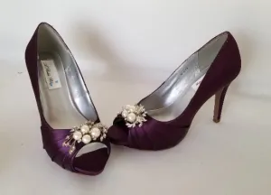 Eggplant Purple Wedding Shoes Pearl and Crystal Cascade
