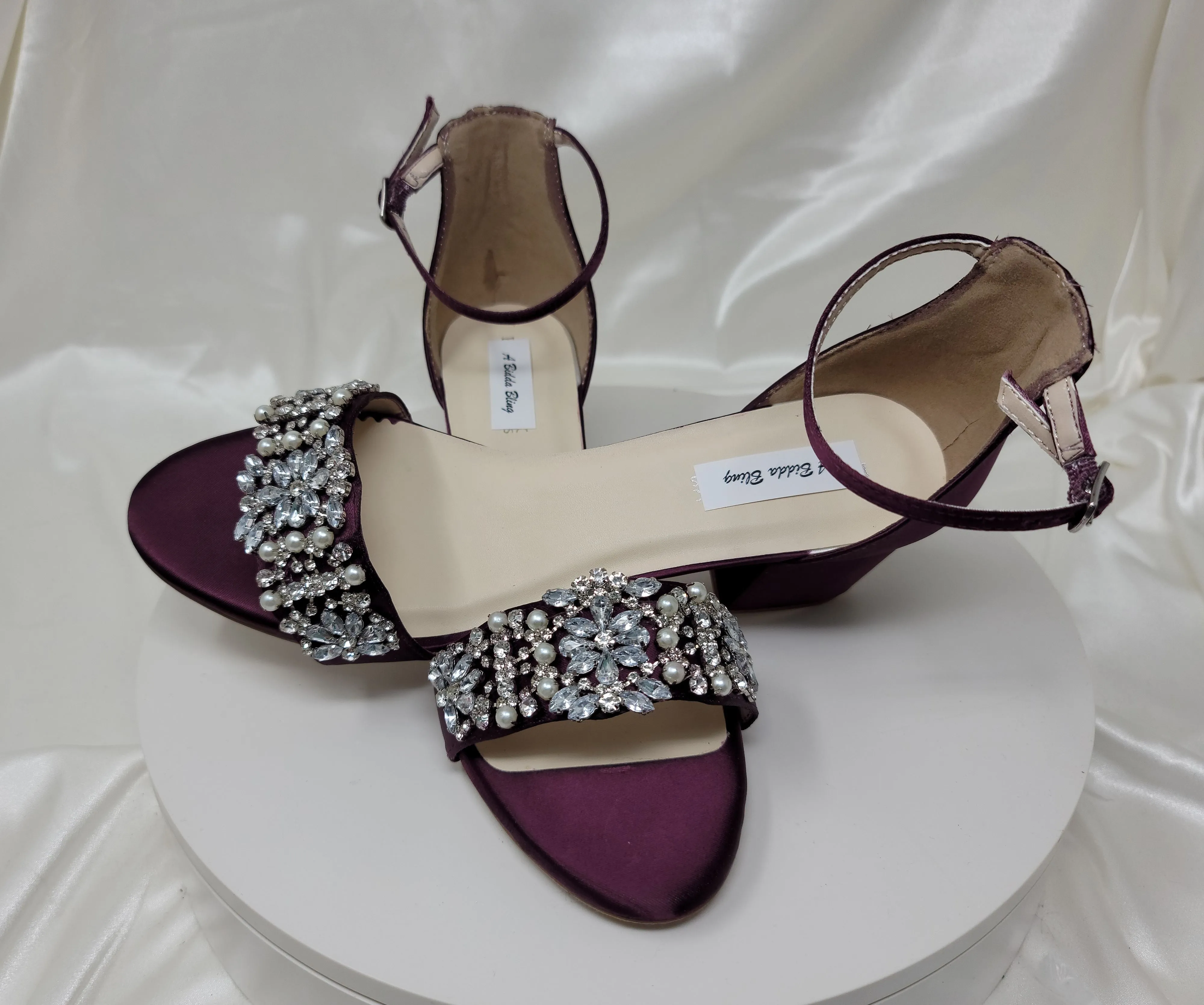 Eggplant Purple Wedding Shoes with Block Heel Crystal and Pearl Design