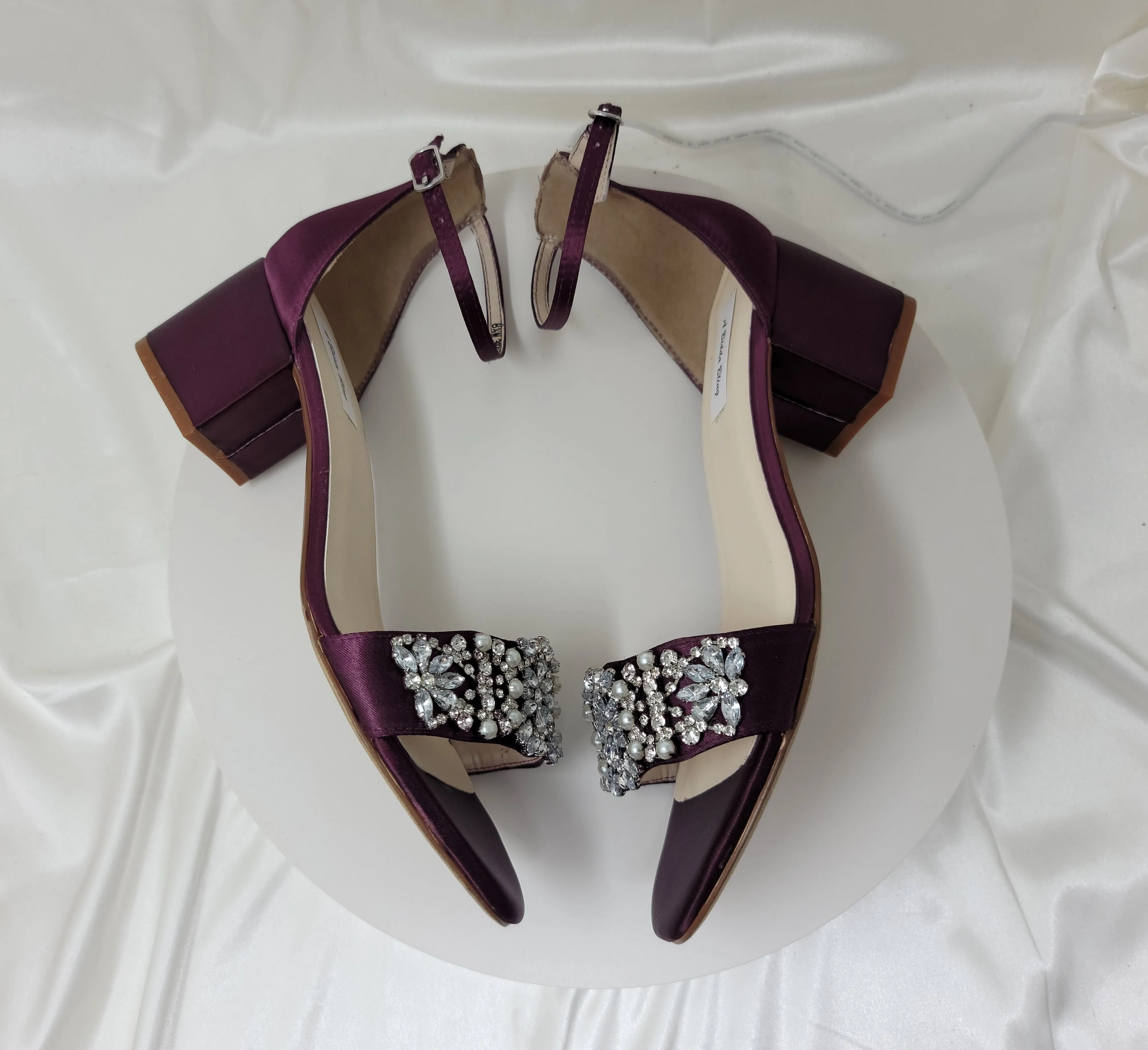 Eggplant Purple Wedding Shoes with Block Heel Crystal and Pearl Design