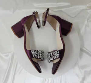 Eggplant Purple Wedding Shoes with Block Heel Crystal and Pearl Design