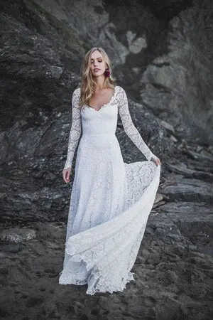 Elegant A-Line Lace Long Sleeve Wedding Gown With V-Neck And Keyhole Back-715743