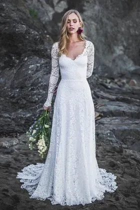 Elegant A-Line Lace Long Sleeve Wedding Gown With V-Neck And Keyhole Back-715743