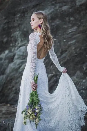 Elegant A-Line Lace Long Sleeve Wedding Gown With V-Neck And Keyhole Back-715743